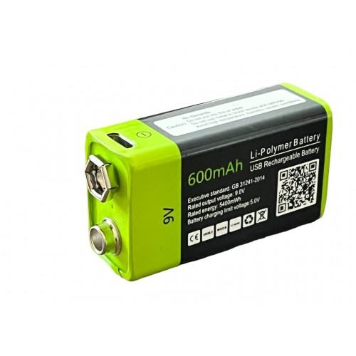 Acumulator 9V, 600 mAh, 5400 mWh, Li-Polymer, cu incarcare USB