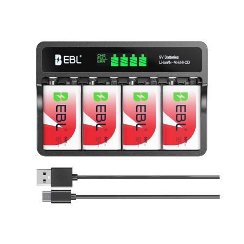 Incarcator 9V Li-Ion + 4 acumulatori 9V, 600 mAh -EBL